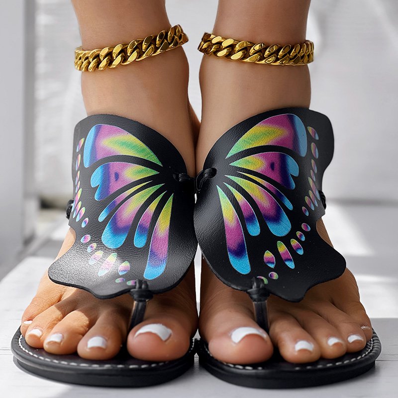 Butterfly Print Round Toe Flip Flops, Comfortable Summer Beach Shoes, Casual Women's Footwear, Perfect For Poo
