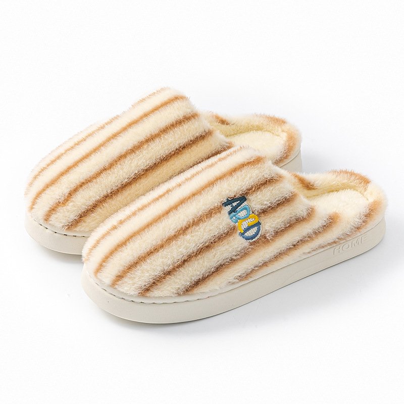 Ins Plush Striped Slippers Winter Warm Letter Embroidered Shoes Fashion Floor Bedroom Home Slipper For Women M