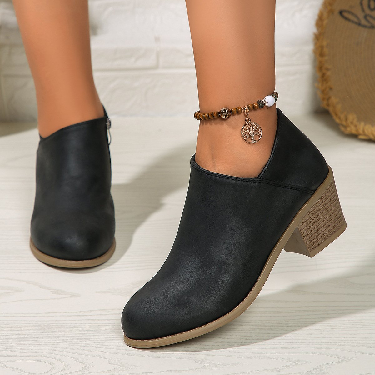 Chunky Heel Round Toe Ankle Boots With Side Zipper Design Fashion Fall Winter Short Boots For Women Shoes - Image 3