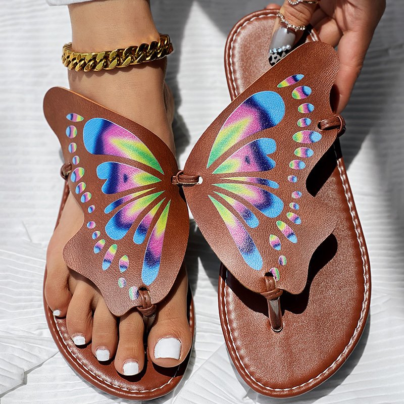 Utterfly Print Round Toe Flip Flops, Comfortable Summer Beach Shoes, Casual Women's Footwear, Perfect For Pool