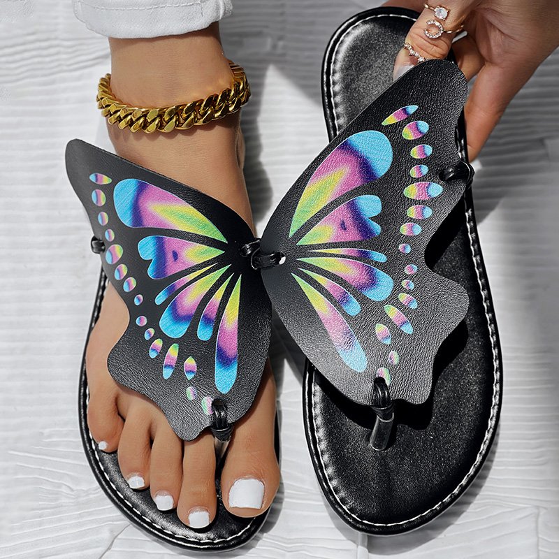Butterfly Print Round Toe Flip Flops, Comfortable Summer Beach Shoes, Casual Women's Footwear, Perfect For Poo