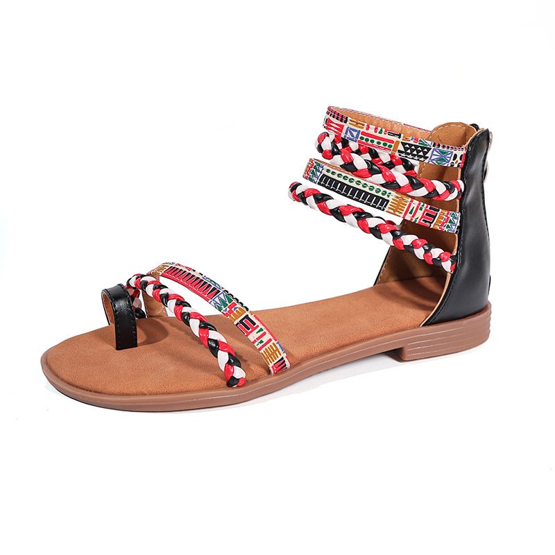Ethnic Style Flat Sandals Summer Clip Toe Colorful Weave-straped Shoes With Back Zipper Women's Bohemian Beach