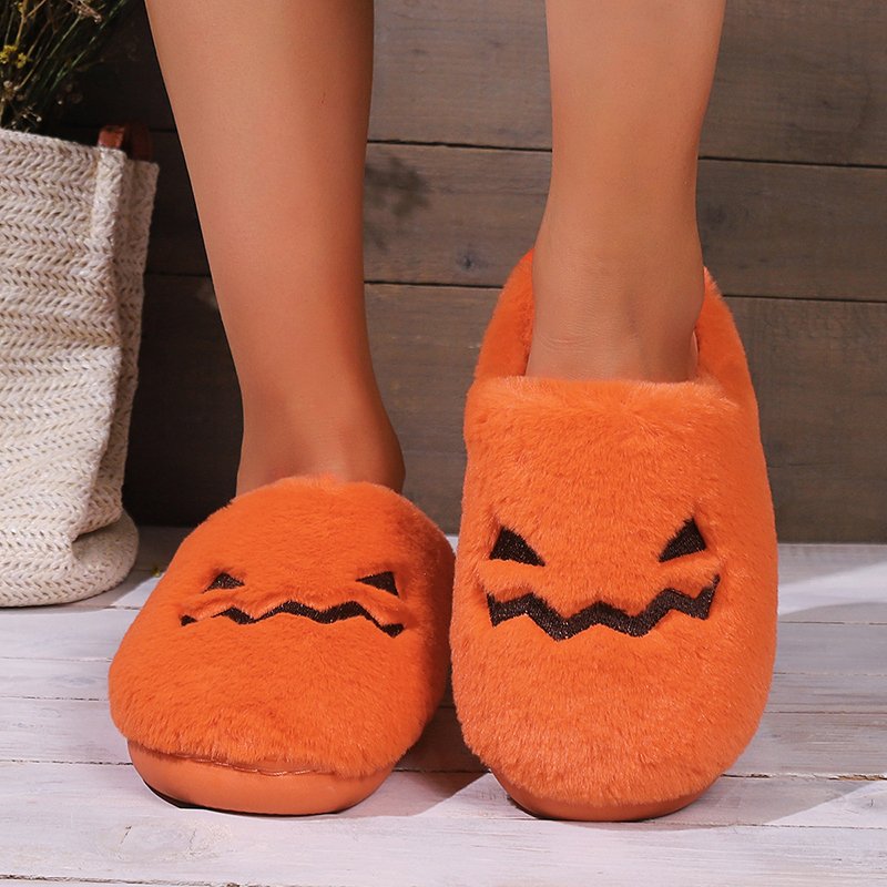 Cute Halloween Pumpkin Slippers Winter Warm Plush Bedroom Floor Home Slippers Casual Slip On Comfortable Cozy