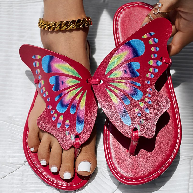 Butterfly Print Round Toe Flip Flops, Comfortable Summer Beach Shoes, Casual Women's Footwear, Perfect For Poo