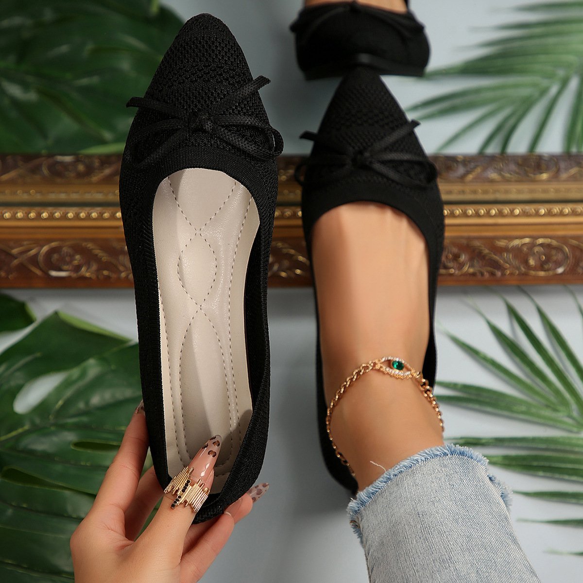 Bow Knitted Loafers Ins Fashion Pointed-toed Flats Shoes For Women